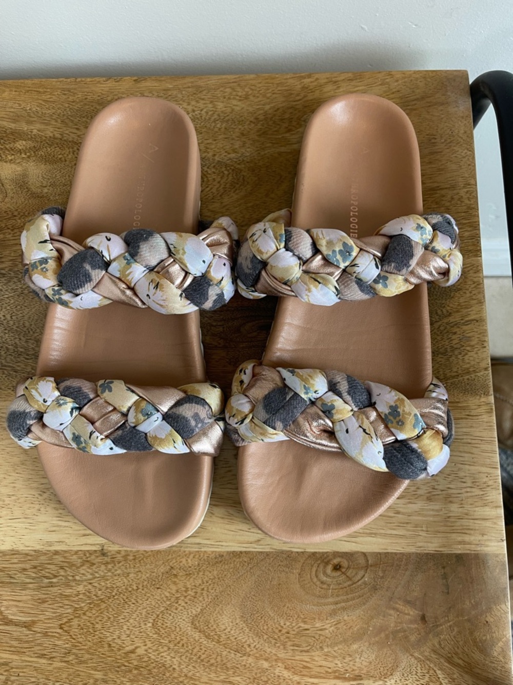 Anthropologie Mae Braided Rose Gold Floral Slide Sandals